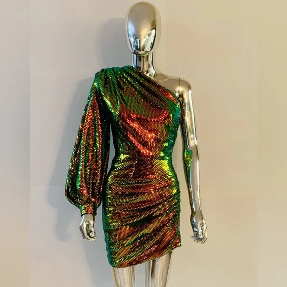 Bronx and Banco Galaxy Petrol One Shoulder Sequin Dress